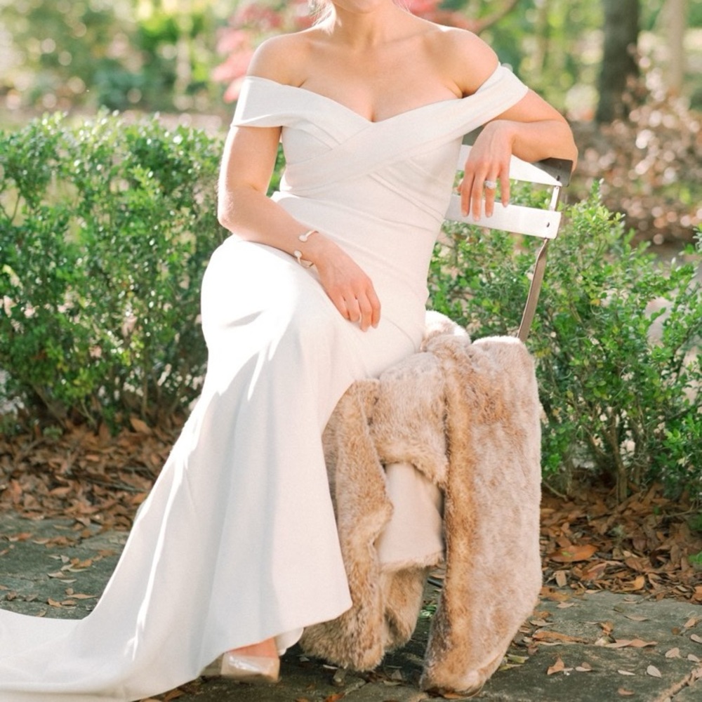 THEIA Elegant Cream Off-Shoulder Bridal Gown